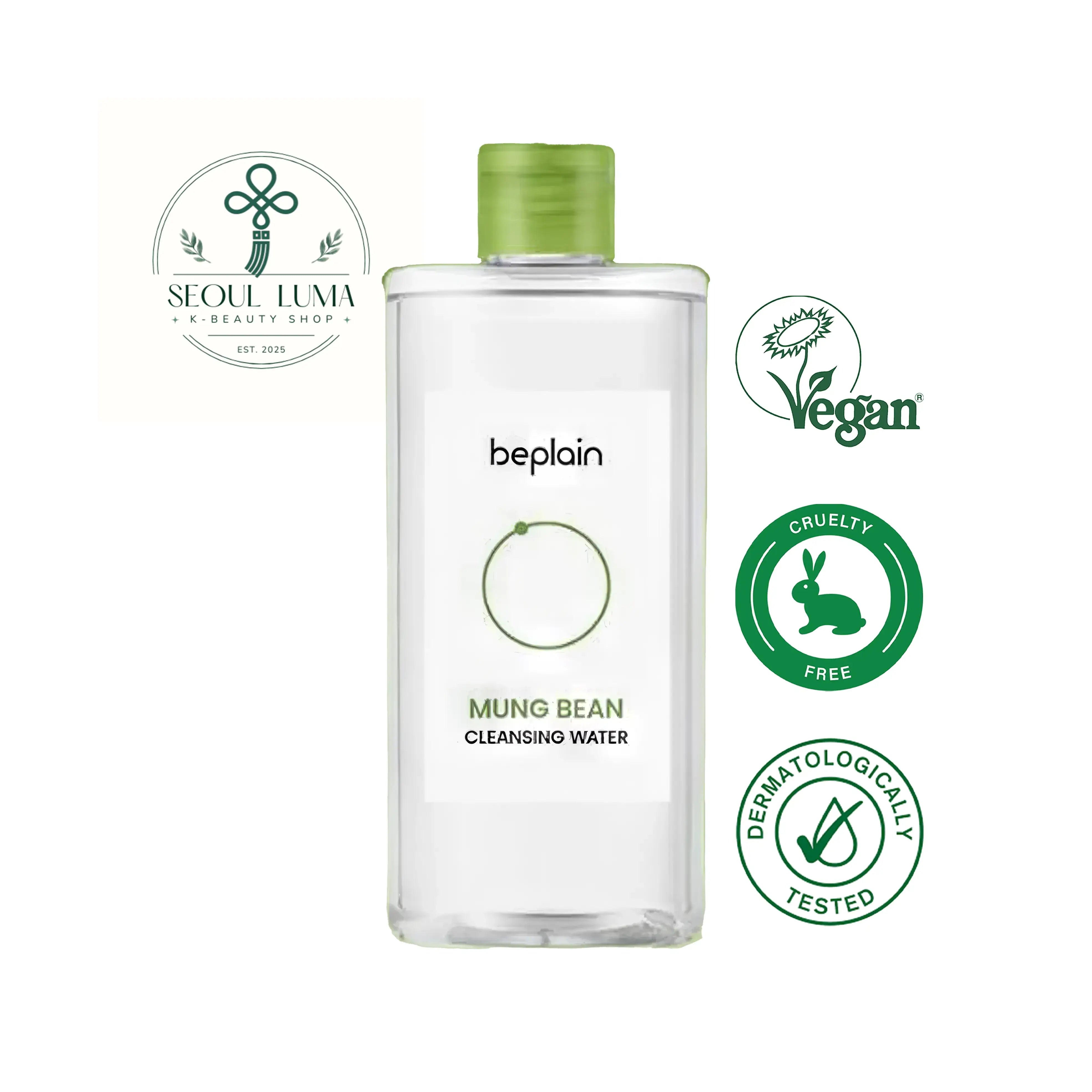 BEPLAIN Mung Bean Cleansing Water with 8 types of hyaluronic acid, 5 ceramides, and mung bean extract for gentle no-rinse cleansing